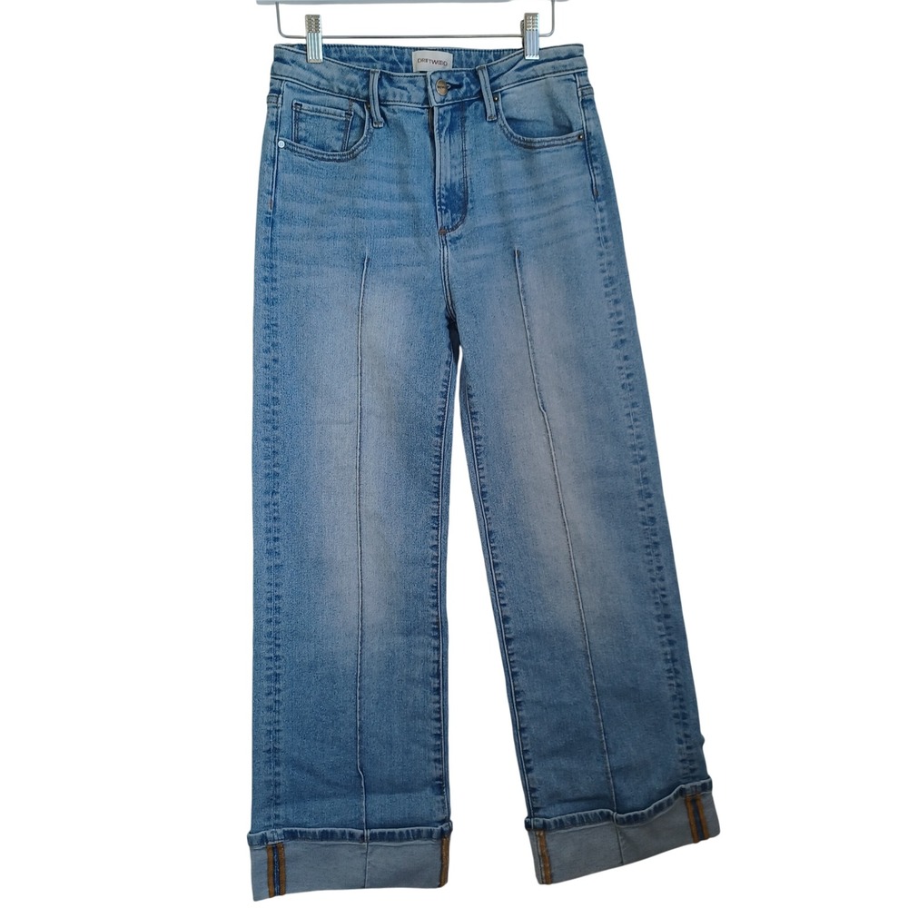 Driftwood Womens High Rise Wide Leg Seam Front Cuffed Jeans Light Wash Blue 26